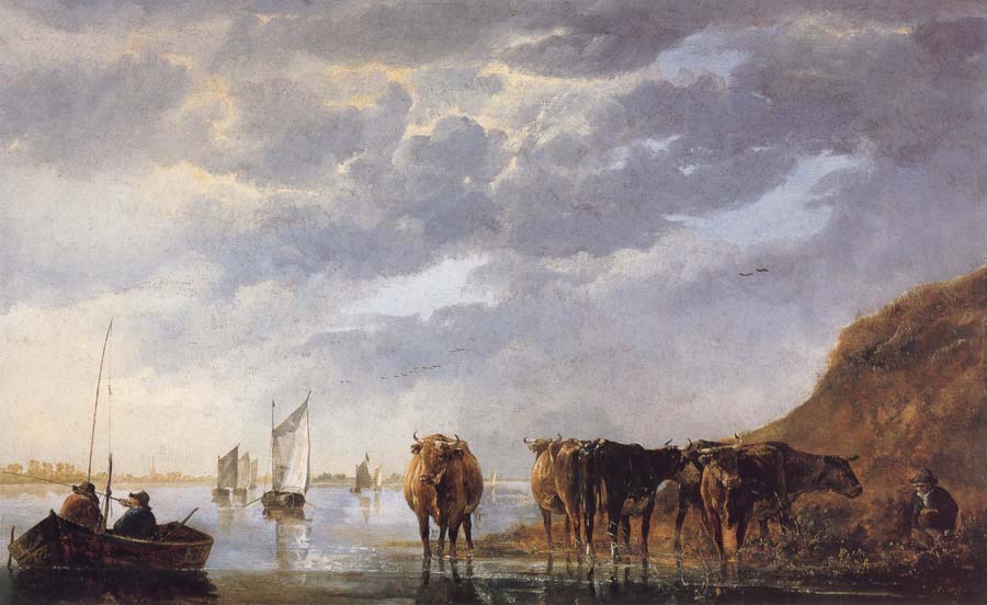 A Herdsman with Five Cows by a River